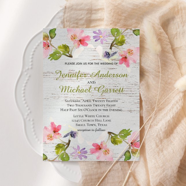 Rustic Pink Florals on White Wood Invitation (Creator Uploaded)