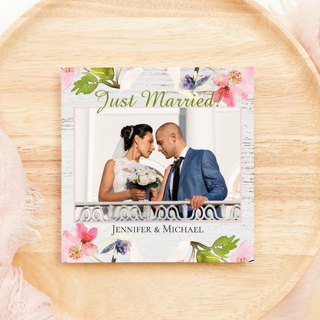 Rustic Pink Florals on White Wood Just Married Holiday Card (Creator Uploaded)