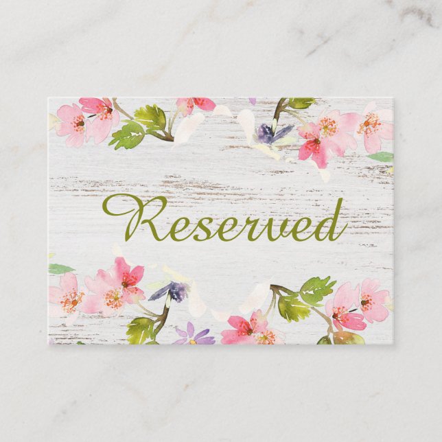Rustic Pink Florals on White Wood Reserved Place Card (Front)