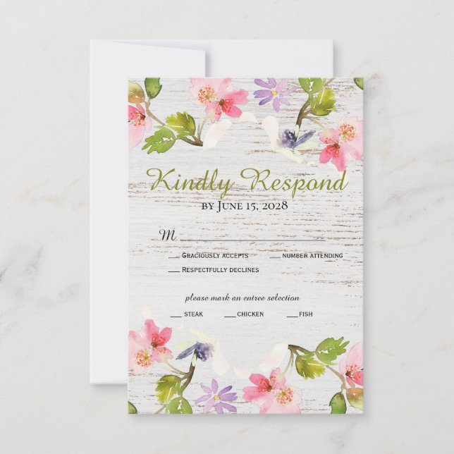 Rustic Pink Florals on White Wood RSVP Card (Front)