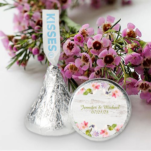 Rustic Pink Florals on White Wood Wedding Hersheys Kisses