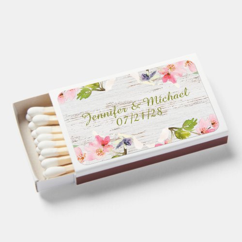 Rustic Pink Florals on White Wood Wedding Matchboxes
