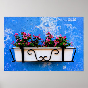 Rustic pink flower box against blue vintage wall poster