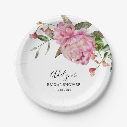 Rustic Pink Flower Greenery Bridal Shower Paper Plates