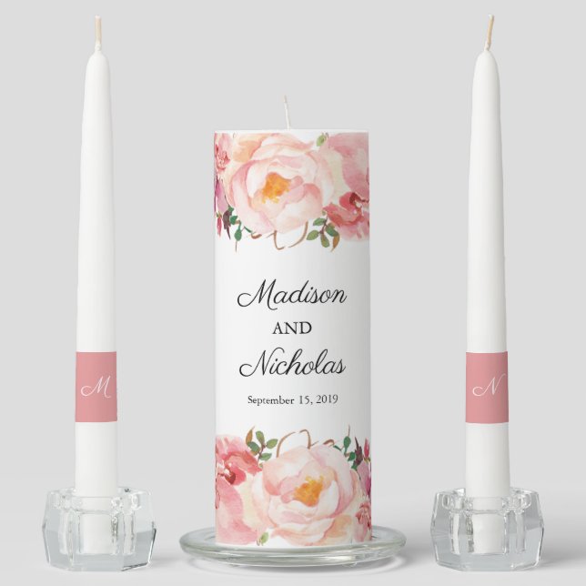 Rustic Pink Flower Wedding Unity Candle Set (Front)