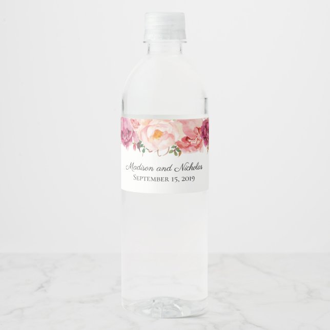 Rustic Pink Flower Wedding Water Bottle Labels (Front)