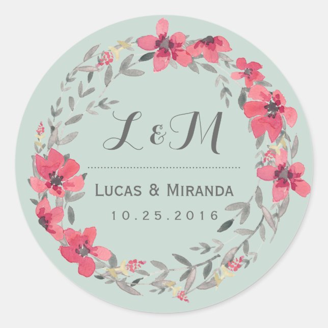 Rustic Pink Flower Wreath Wedding Favor Sticker (Front)