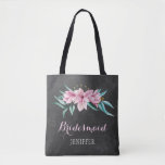 Rustic pink flowers chalkboard wedding bridesmaid tote bag<br><div class="desc">Rustic elegant spring or summer wedding stylish bridesmaid / maid of honor / flower girl tote bag on dark gray chalkboard featuring beautiful pink watercolor magnolias bouquets with mint green eucalyptus foliage. Personalize it with bridesmaid's name on the front and with bride's and groom's names and wedding date on the...</div>