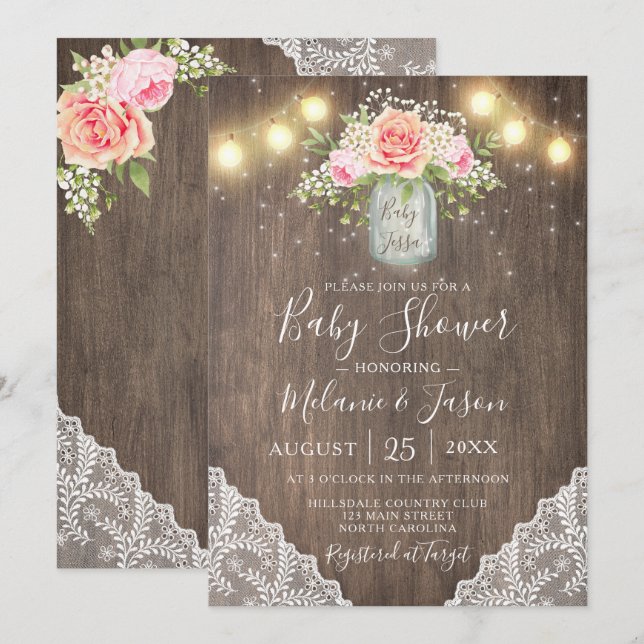 Rustic Pink Flowers Mason Jar Lace Baby Shower Invitation (Front/Back)