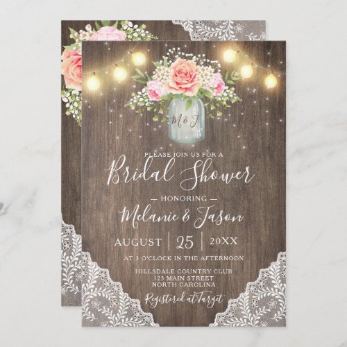 Rustic Pink Flowers Mason Jar Lace Bridal Shower Invitation