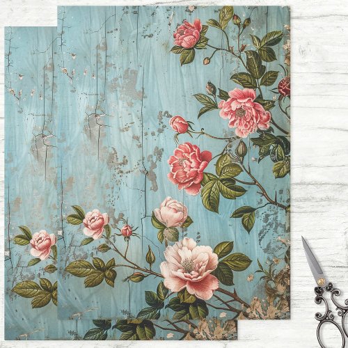 Rustic Pink Flowers on Blue Wood Wall Decoupage Tissue Paper