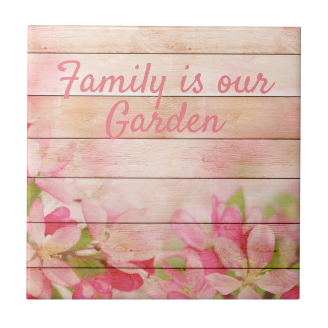 Rustic Pink Flowers on Wood Ceramic Tile (Front)