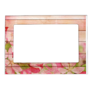 Rustic Pink Flowers On Wood Magnetic Frame