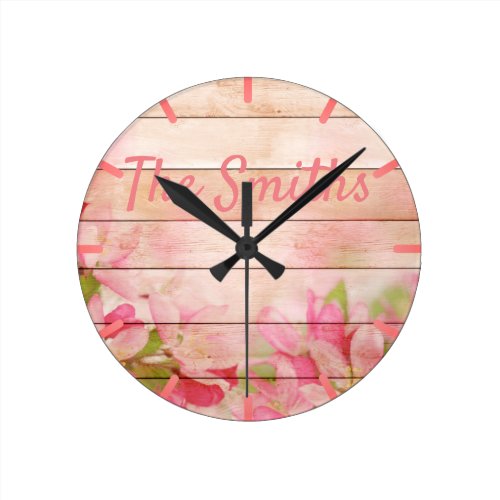 Rustic Pink Flowers on Wood Round Clock