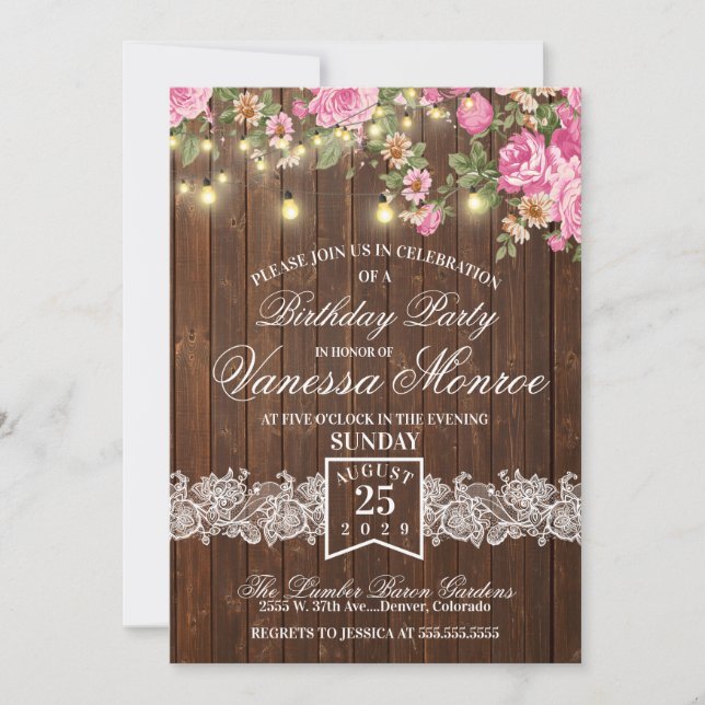 Rustic Pink Flowers Party Invite (Front)