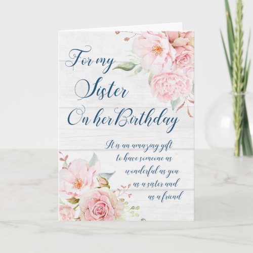 Rustic Pink Flowers Sister Birthday Card
