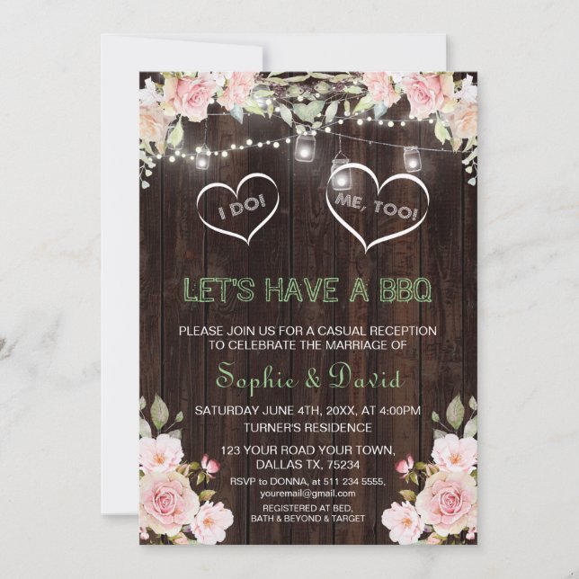 Rustic Pink Flowers String Lights Wood I DO BBQ Invitation (Front)