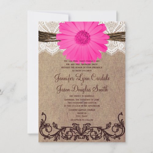 Rustic Pink Gerber Daisy Lace Wedding Invitation