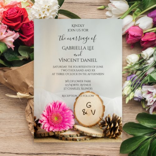 Rustic Pink Gerber Daisy Natural Woods Wedding Invitation