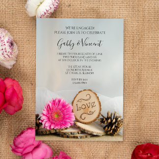 Rustic Pink Gerber Daisy Woodland Engagement Party Invitation