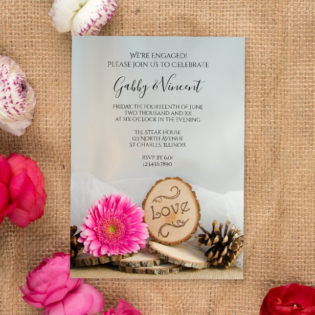 Rustic Pink Gerber Daisy Woodland Engagement Party Invitation (Creator Uploaded)