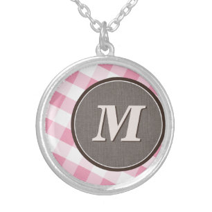 Rustic Pink Gingham Country Monogram Necklace