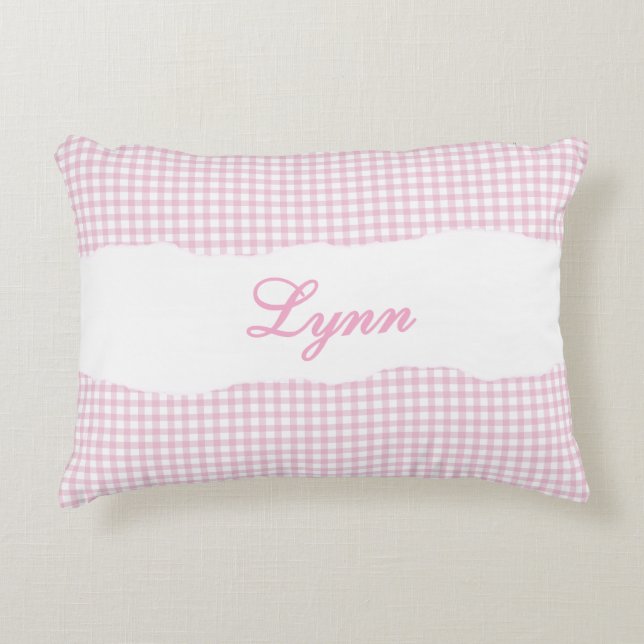 Rustic Pink Gingham Personalized Name Accent Pillow (Front)