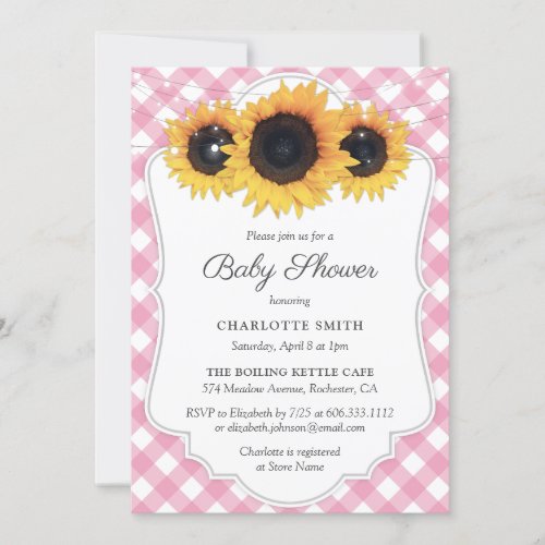 Rustic Pink Gingham Sunflower Baby Shower Invitation