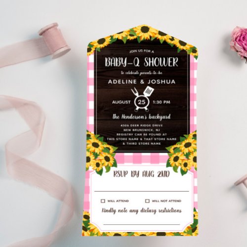 Rustic Pink Gingham Sunflowers Baby_Q Shower All In One Invitation
