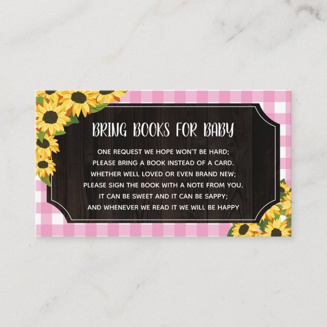 Rustic Pink Gingham & Sunflowers Books For Baby Enclosure Card (Front)