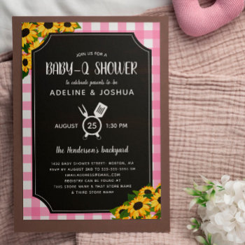 Rustic Pink Gingham Sunflowers Girl Baby-q Shower Invitation by Paperpaperpaper at Zazzle