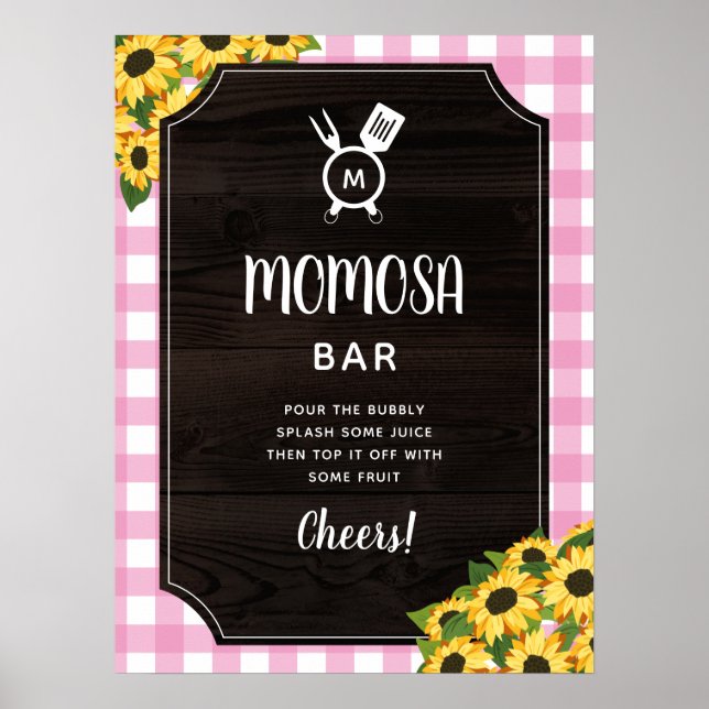 Rustic Pink Gingham Sunflowers Monogram Momosa Bar Poster (Front)