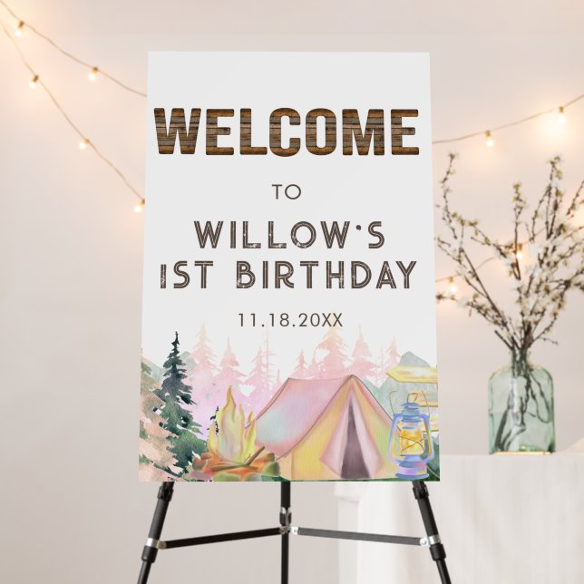 Rustic Pink Girl Camping Birthday Welcome  Foam Board (In Situ (Stand))