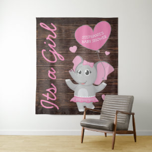 Rustic Pink Girl Elephant Baby Shower Backdrop