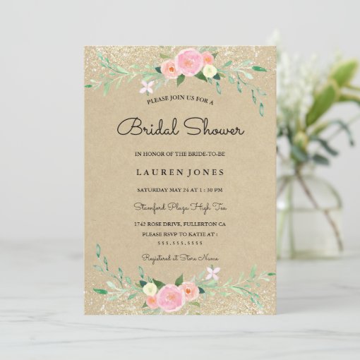 Rustic Pink Glitter Floral Bridal Shower Card | Zazzle