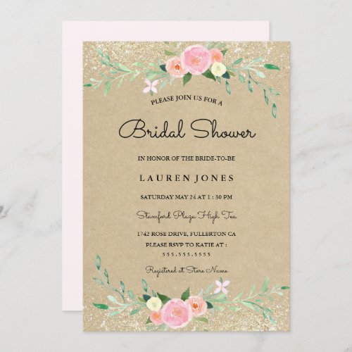 Rustic Pink Glitter Floral Bridal Shower Card