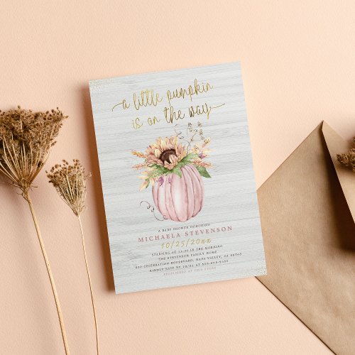 Rustic Pink  Gold Farmhouse Pumpkin Baby Shower Invitation