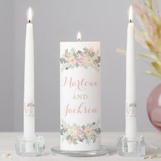 Rustic Pink Gold Floral Boho Wedding Monogram Unity Candle Set