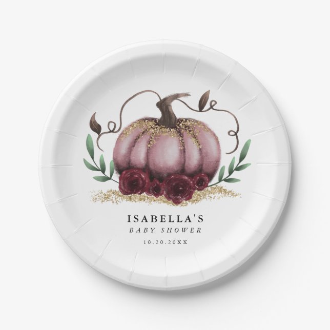 Rustic Pink Gold Pumpkin Baby Shower Paper Plates (Front)