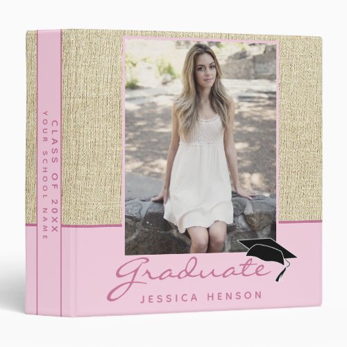 Rustic Pink Graduation Keepsake Photo Album 3 Ring Binder - Rustic Pink Graduation Keepsake Photo Album 3 ring binder. Rustic beige background and pink stripe with trendy pink script Graduate. Modern pink keepsake scrapbook memory album for her. Add your favorite photo into the template and personalize the custom text with your grad’s name, class year and name of the school. Personalize the special message on the backside.