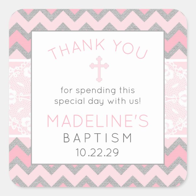 Rustic Pink Gray Baptism thank you favor sticker (Front)