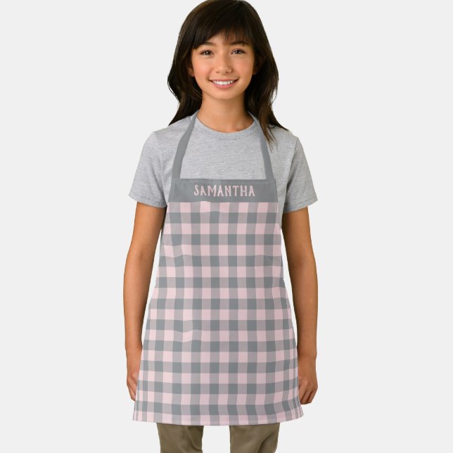 Rustic Pink Gray Buffalo Plaid Pattern Custom Apron (Insitu)