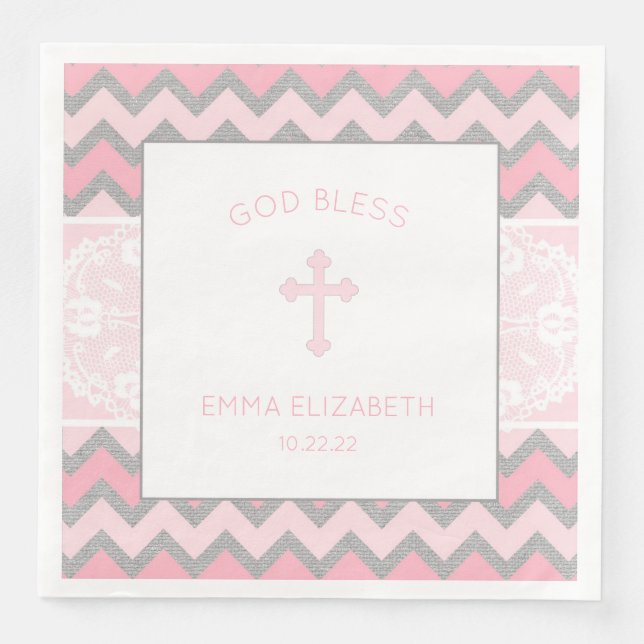 Rustic Pink Gray Girl Baptism Christening Napkin (Front)