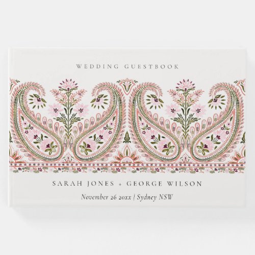 Rustic Pink Green Floral Paisley Motif Wedding Guest Book