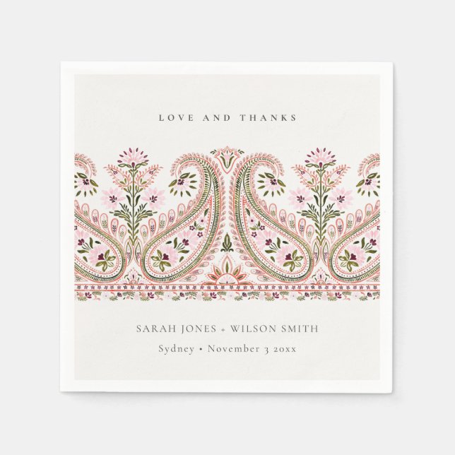 Rustic Pink Green Floral Paisley Motif Wedding Napkins (Front)
