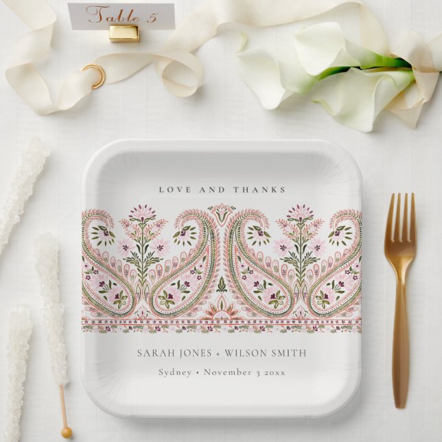 Rustic Pink Green Floral Paisley Motif Wedding Paper Plates (Wedding)