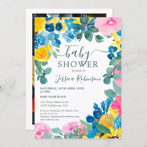 Rustic pink green floral photo baby shower invitation