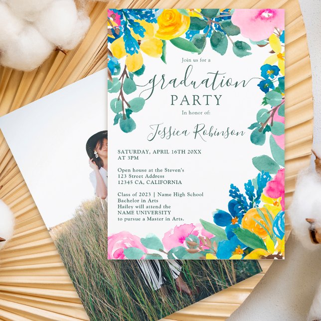Rustic pink green floral photo graduation invitation (Creator Uploaded)