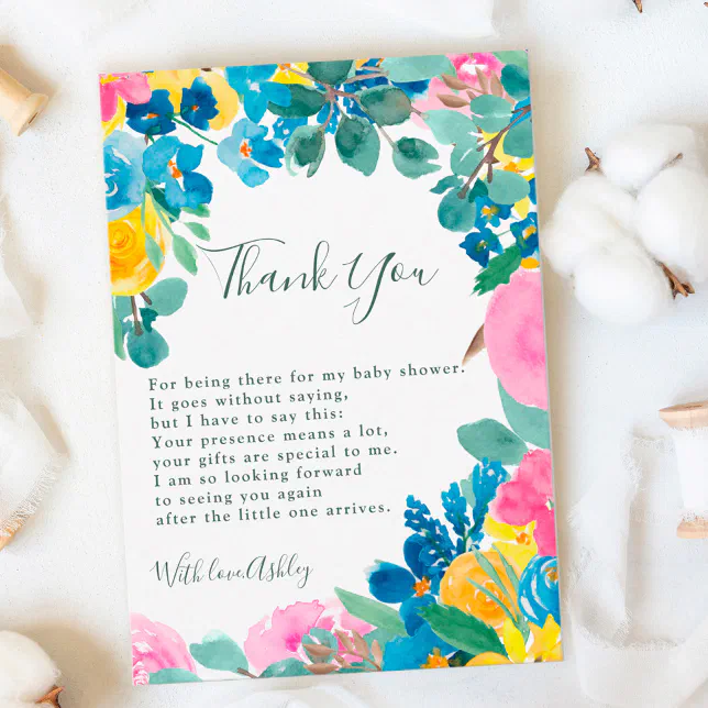 Rustic pink green summer floral baby shower thank you card | Zazzle
