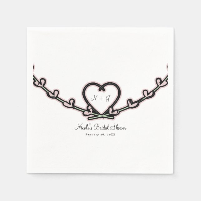 Rustic Pink Heart Vine Bridal Shower Custom Party Paper Napkins (Front)